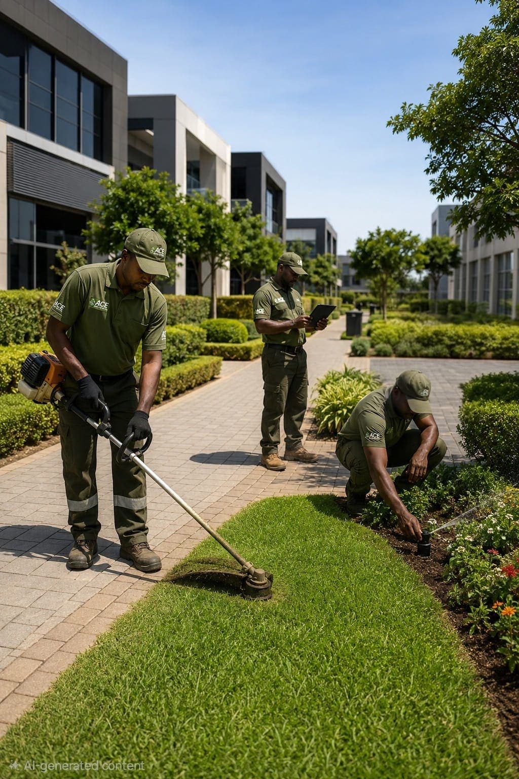 ACE Garden Services crew maintaining hedges and irrigation at a commercial complex