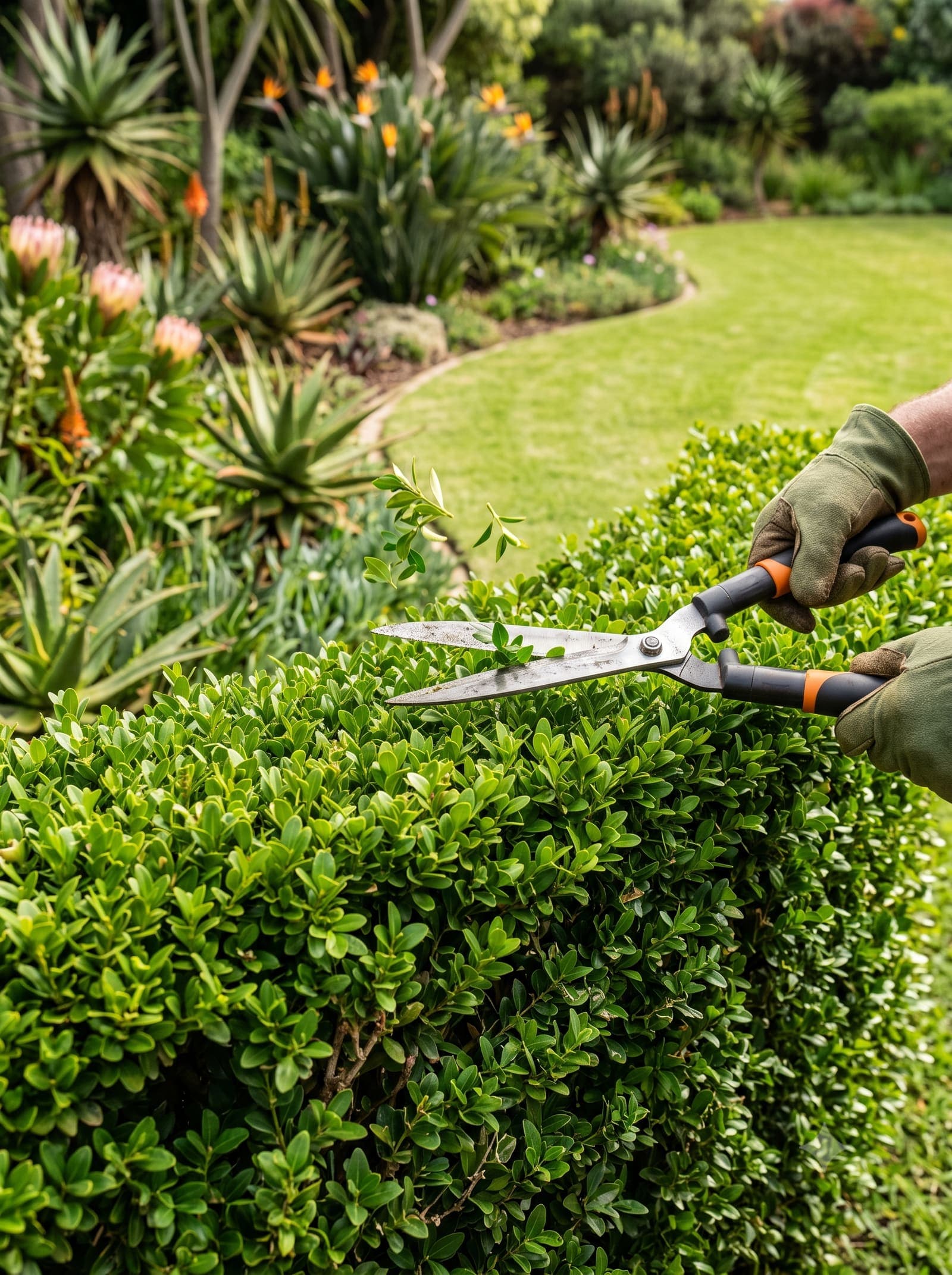 Gloved hands trimming a hedge into a clean, even shape beside a lawn